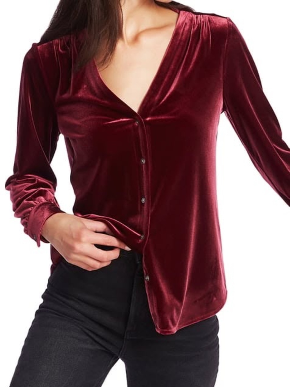 1. State Romantic Blooms Velvet Button Front Blouse in Wine size large